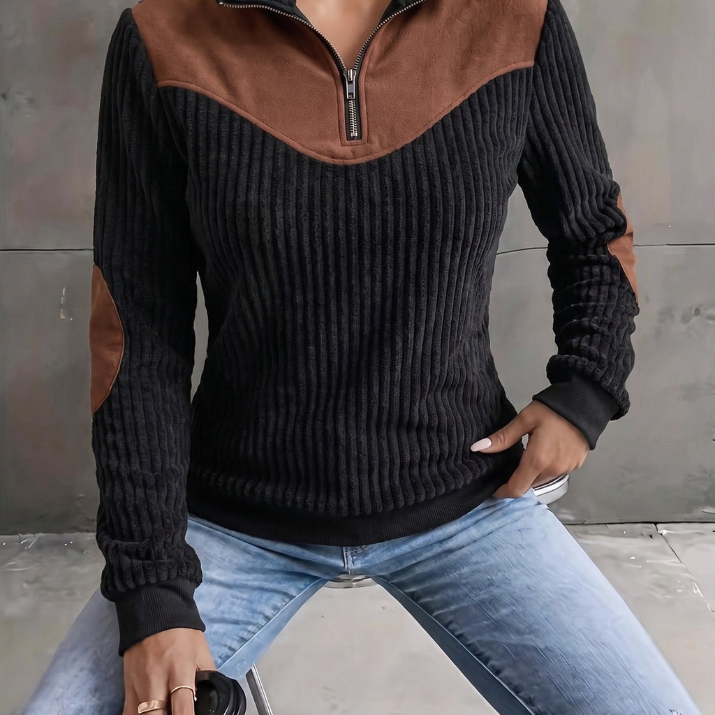 Quarter-Zip Ribbed Pullover Corduroy Colour Block Women's Sweatshirt – Casual, Office, Holiday Gift