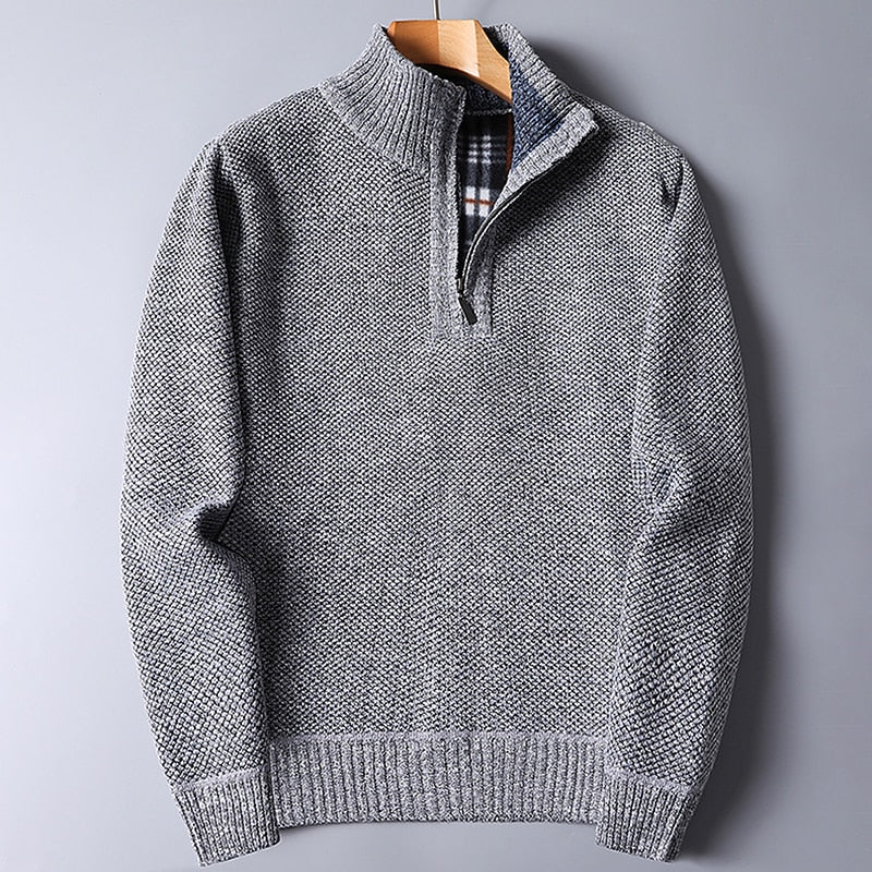 Quarter-Zip Sweater Knitted Blue Men's Stand Collar Pullover – Casual, Office, Winter, Gift