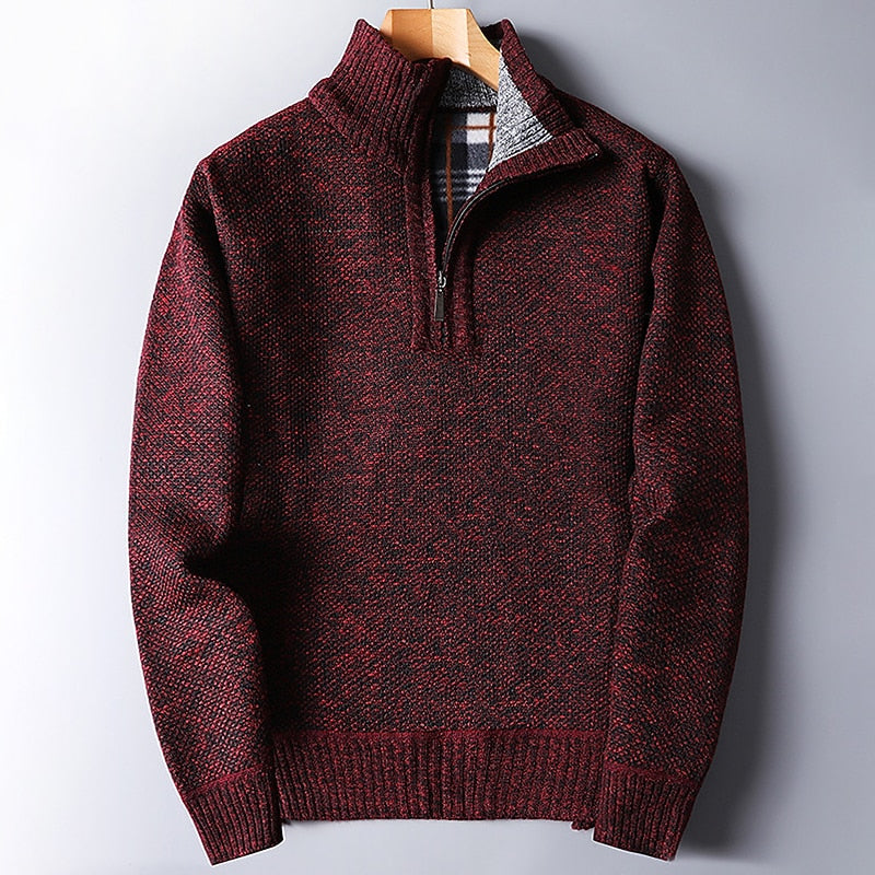 Quarter-Zip Sweater Knitted Blue Men's Stand Collar Pullover – Casual, Office, Winter, Gift