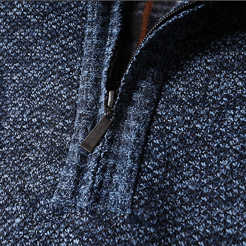 Quarter-Zip Sweater Knitted Blue Men's Stand Collar Pullover – Casual, Office, Winter, Gift