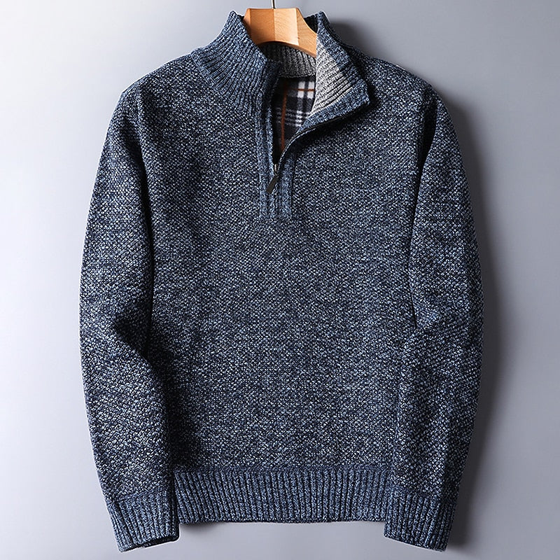 Quarter-Zip Sweater Knitted Blue Men's Stand Collar Pullover – Casual, Office, Winter, Gift