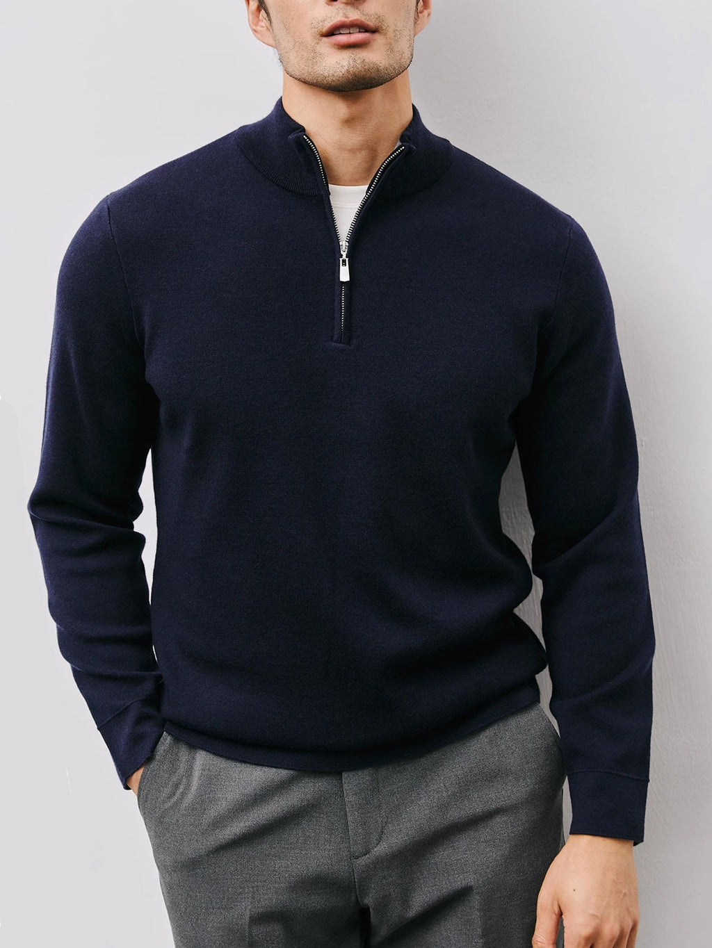Quarter-Zip Sweater Men's Black Long Sleeve Stand Collar Knit Pullover – Casual, Office, Gift