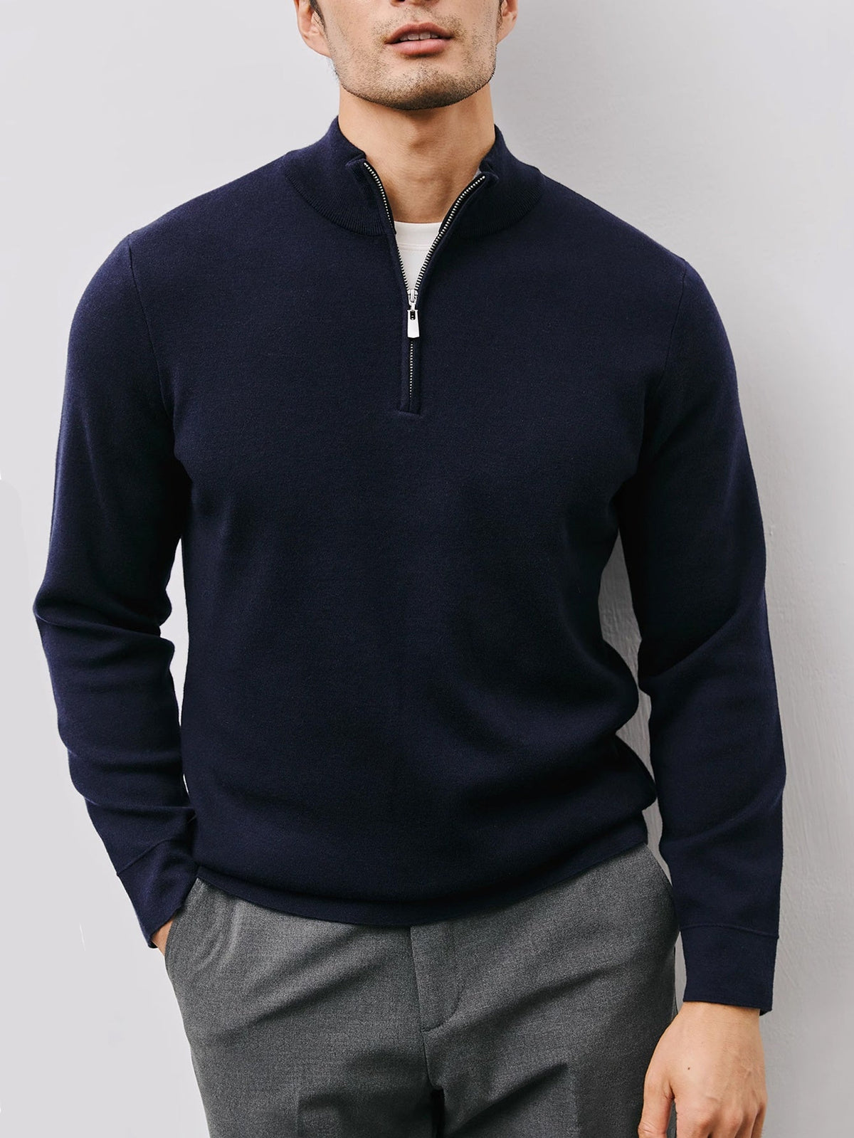Quarter-Zip Sweater Men's Black Long Sleeve Stand Collar Knit Pullover – Casual, Office, Gift