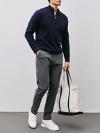 Quarter-Zip Sweater Men's Black Long Sleeve Stand Collar Knit Pullover – Casual, Office, Gift