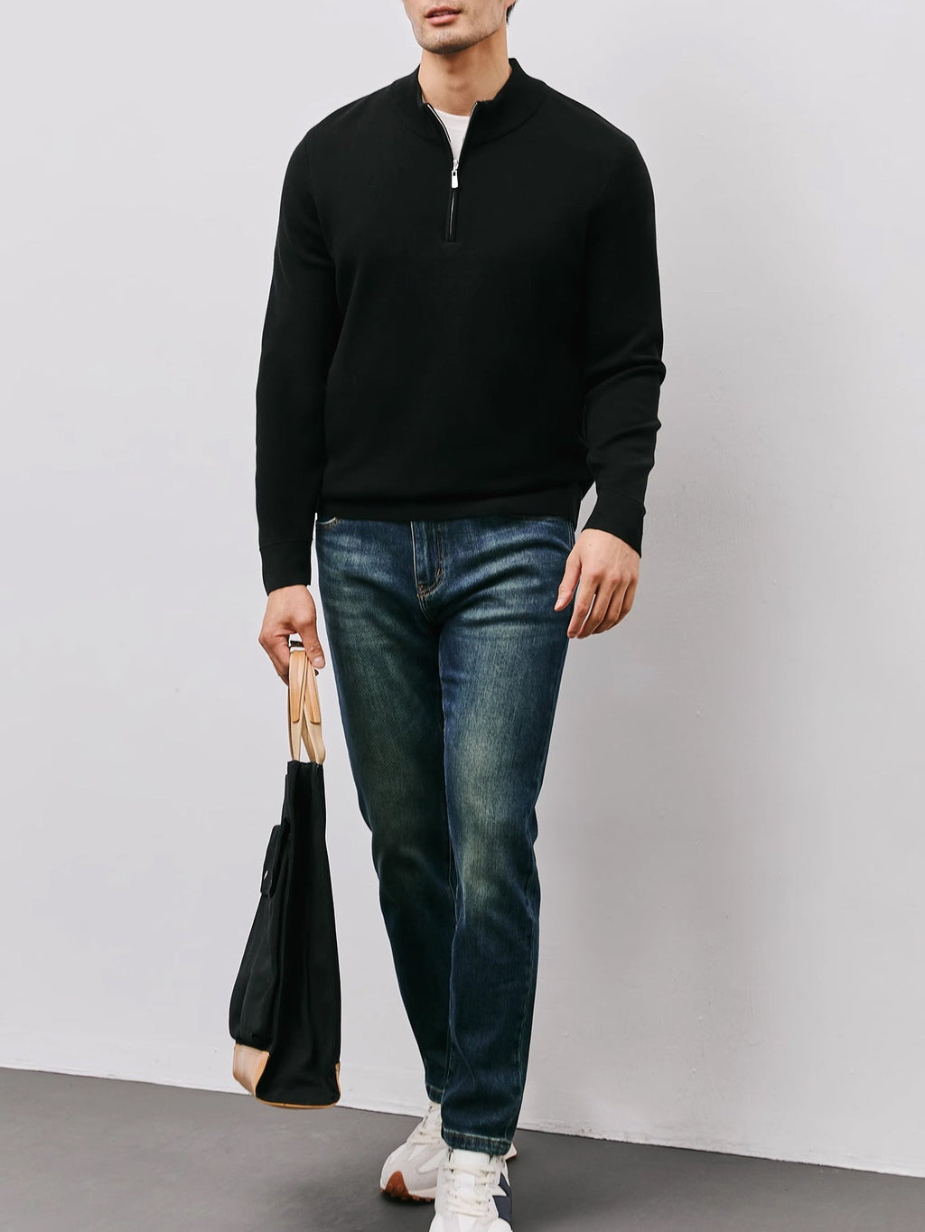 Quarter-Zip Sweater Men's Black Long Sleeve Stand Collar Knit Pullover – Casual, Office, Gift