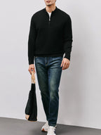 Quarter-Zip Sweater Men's Black Long Sleeve Stand Collar Knit Pullover – Casual, Office, Gift
