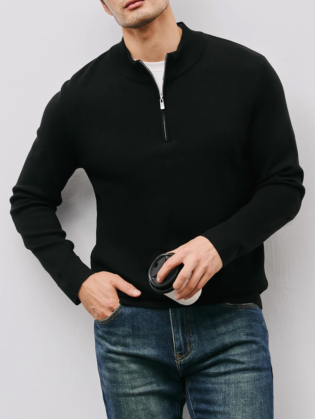 Quarter-Zip Sweater Men's Black Long Sleeve Stand Collar Knit Pullover – Casual, Office, Gift