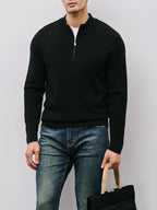 Quarter-Zip Sweater Men's Black Long Sleeve Stand Collar Knit Pullover – Casual, Office, Gift
