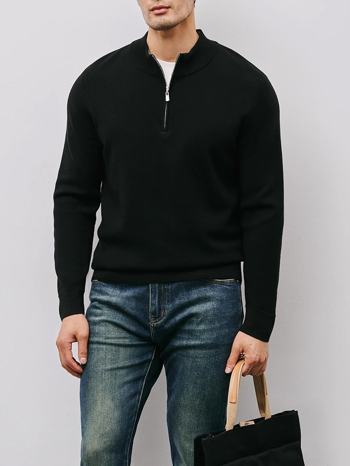 Quarter-Zip Sweater Men's Black Long Sleeve Stand Collar Knit Pullover – Casual, Office, Gift