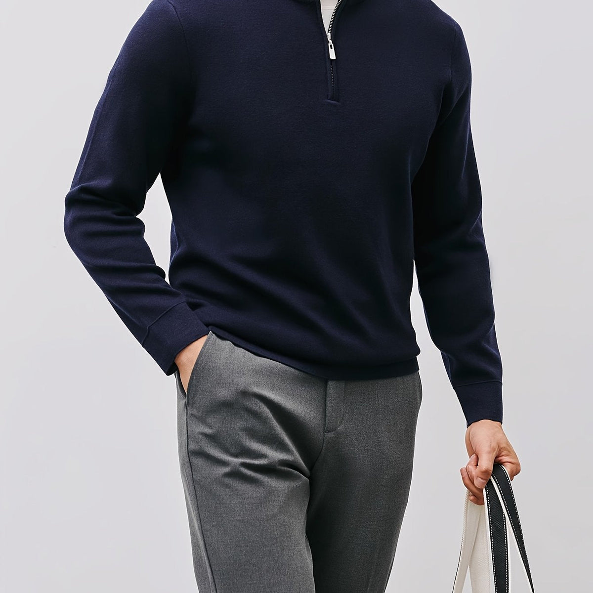 Quarter-Zip Sweater Men's Black Long Sleeve Stand Collar Knit Pullover – Casual, Office, Gift