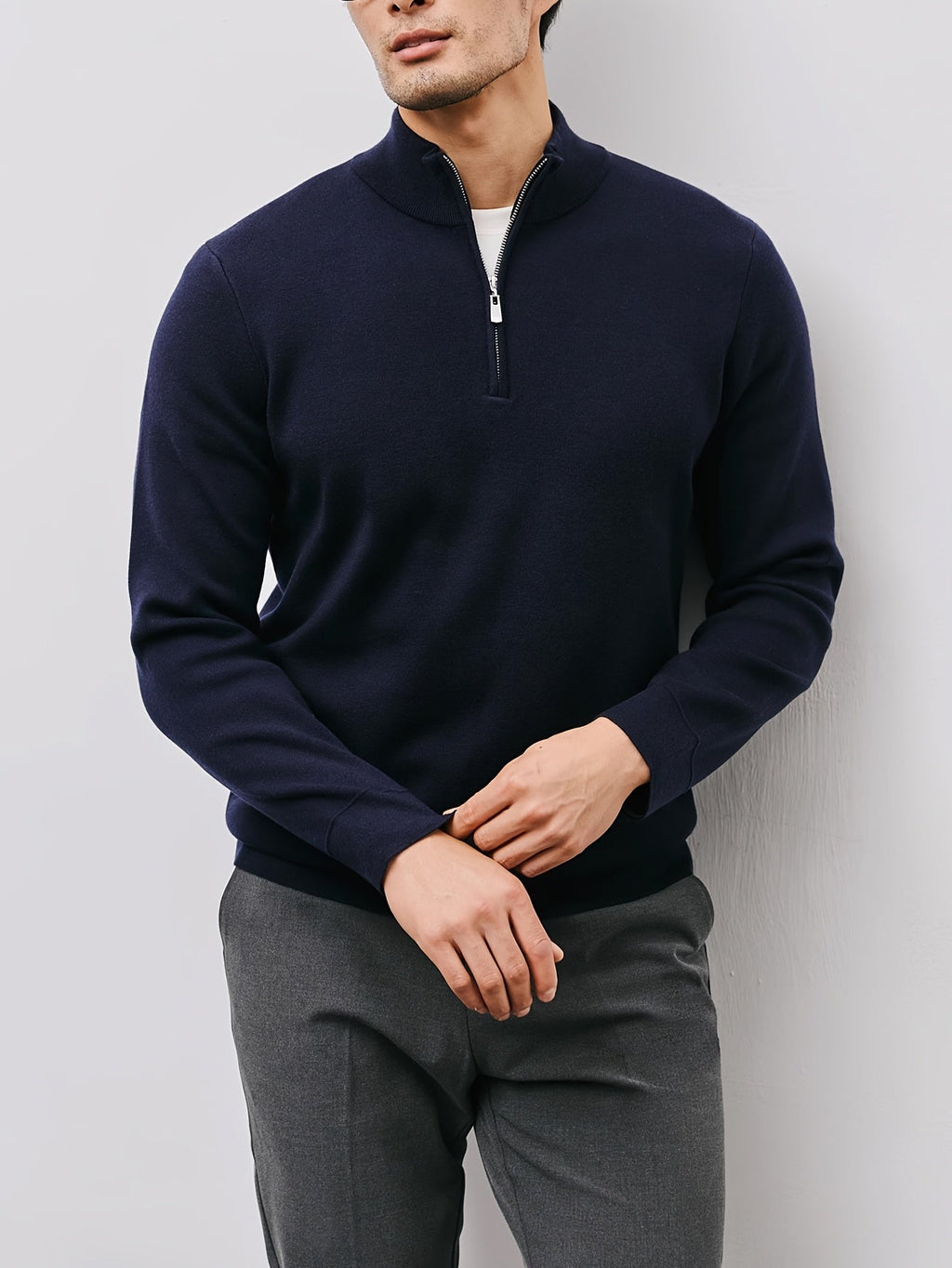 Quarter-Zip Sweater Men's Black Long Sleeve Stand Collar Knit Pullover – Casual, Office, Gift