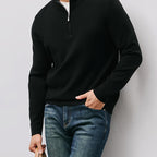 Quarter-Zip Sweater Men's Black Long Sleeve Stand Collar Knit Pullover – Casual, Office, Gift