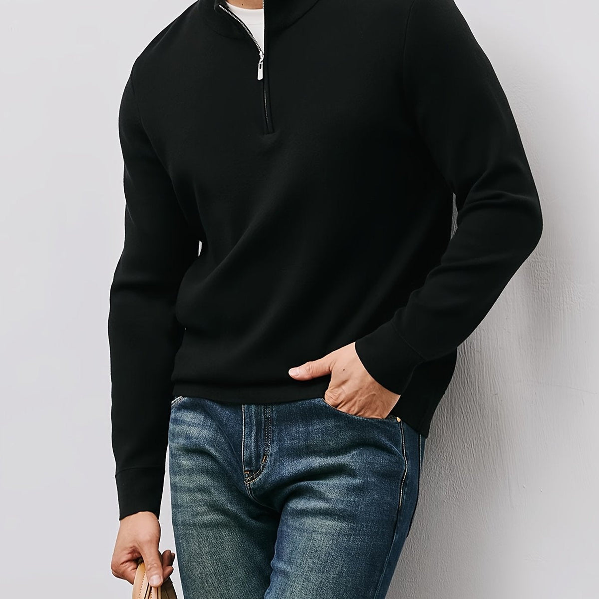 Quarter-Zip Sweater Men's Black Long Sleeve Stand Collar Knit Pullover – Casual, Office, Gift