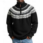 Quarter-Zip Sweater Men's Grey Fair Isle Knit Mock Neck Pullover – Casual, Winter, Office, Gift