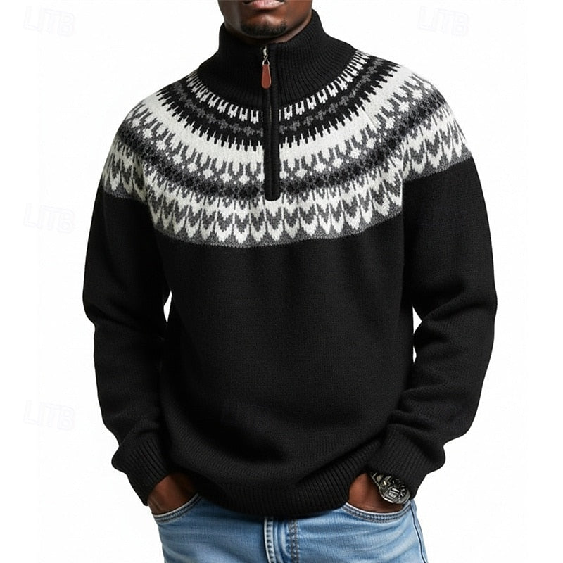 Quarter-Zip Sweater Men's Grey Fair Isle Knit Mock Neck Pullover – Casual, Winter, Office, Gift