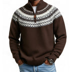 Quarter-Zip Sweater Men's Grey Fair Isle Knit Mock Neck Pullover – Casual, Winter, Office, Gift