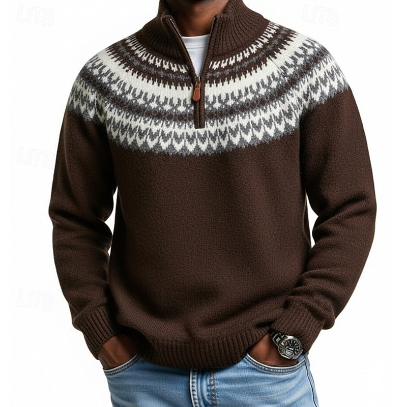 Quarter-Zip Sweater Men's Grey Fair Isle Knit Mock Neck Pullover – Casual, Winter, Office, Gift
