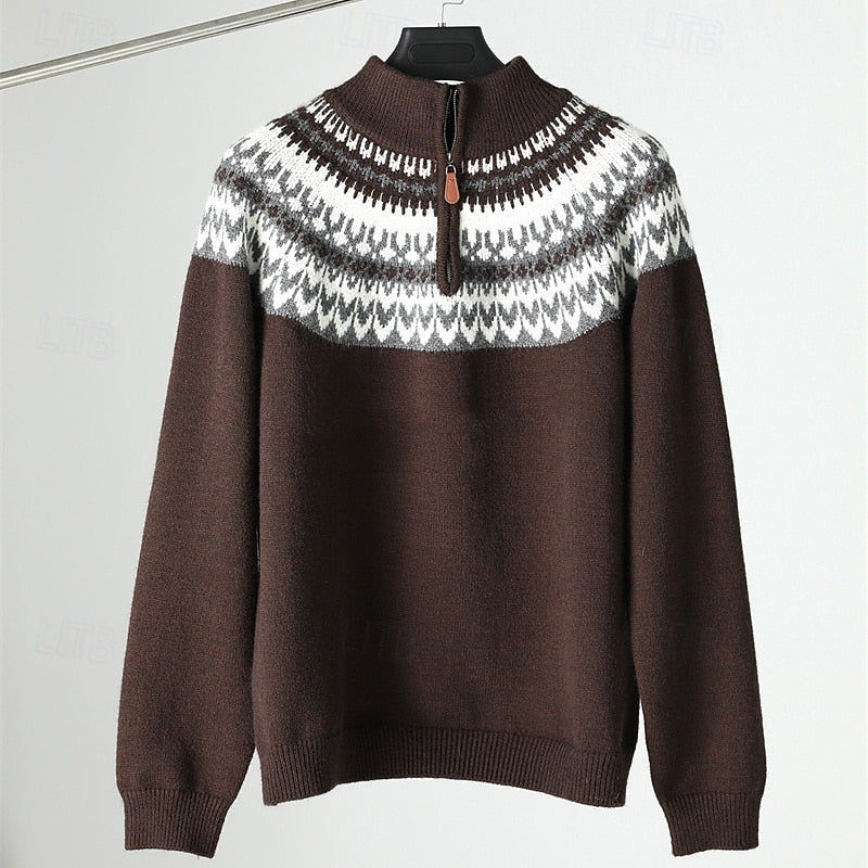 Quarter-Zip Sweater Men's Grey Fair Isle Knit Mock Neck Pullover – Casual, Winter, Office, Gift