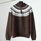 Quarter-Zip Sweater Men's Grey Fair Isle Knit Mock Neck Pullover – Casual, Winter, Office, Gift