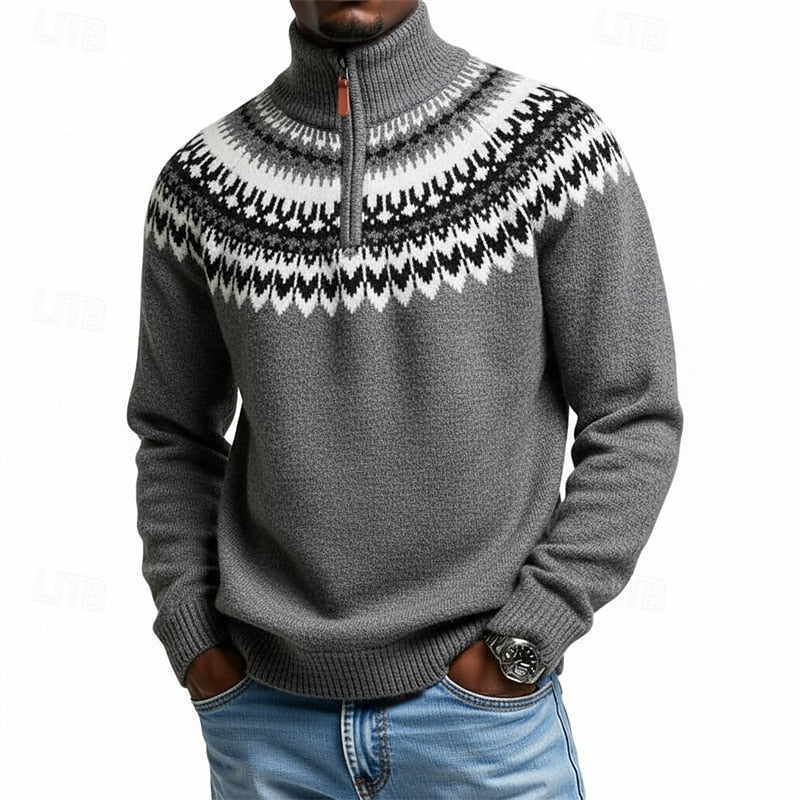Quarter-Zip Sweater Men's Grey Fair Isle Knit Mock Neck Pullover – Casual, Winter, Office, Gift