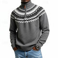 Quarter-Zip Sweater Men's Grey Fair Isle Knit Mock Neck Pullover – Casual, Winter, Office, Gift