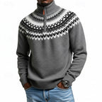 Quarter-Zip Sweater Men's Grey Fair Isle Knit Mock Neck Pullover – Casual, Winter, Office, Gift