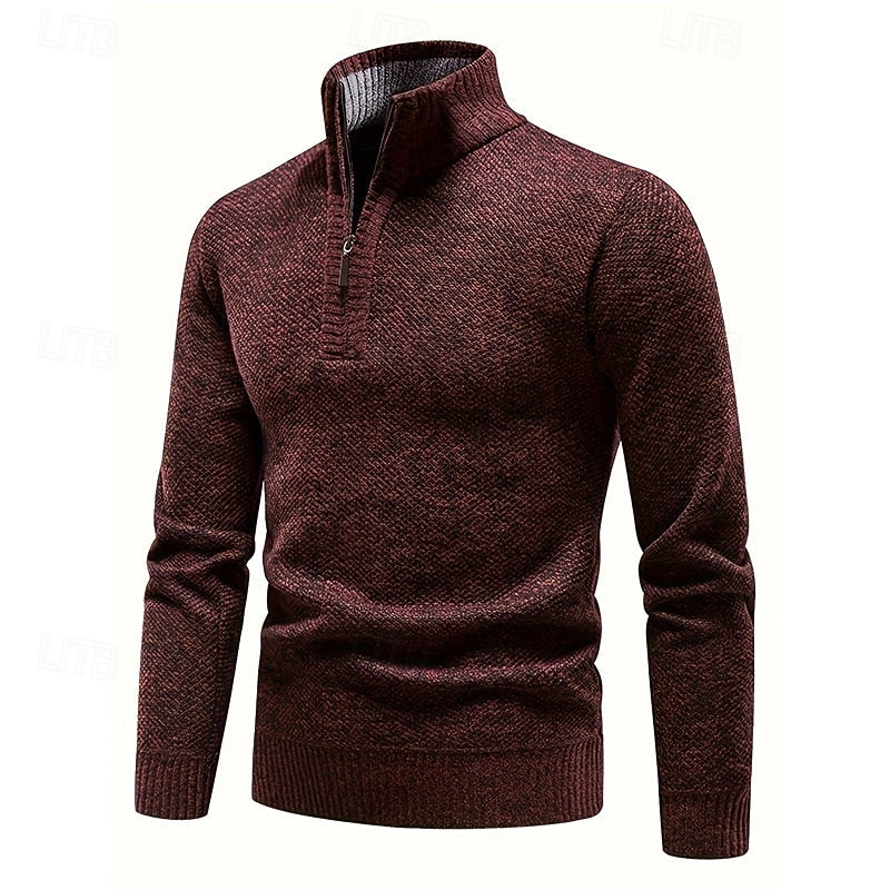 Quarter-Zip Sweater Men's Knitted Stand-Collar Pullover Burgundy – Casual, Office, Winter Layering, Gift