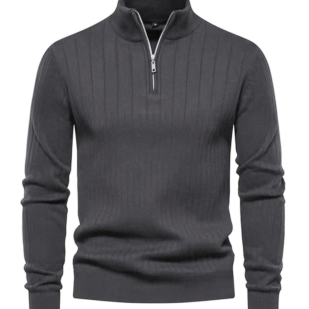 Quarter-Zip Sweater Ribbed Knit Navy Men's Stand Collar Pullover – Casual, Office, Everyday