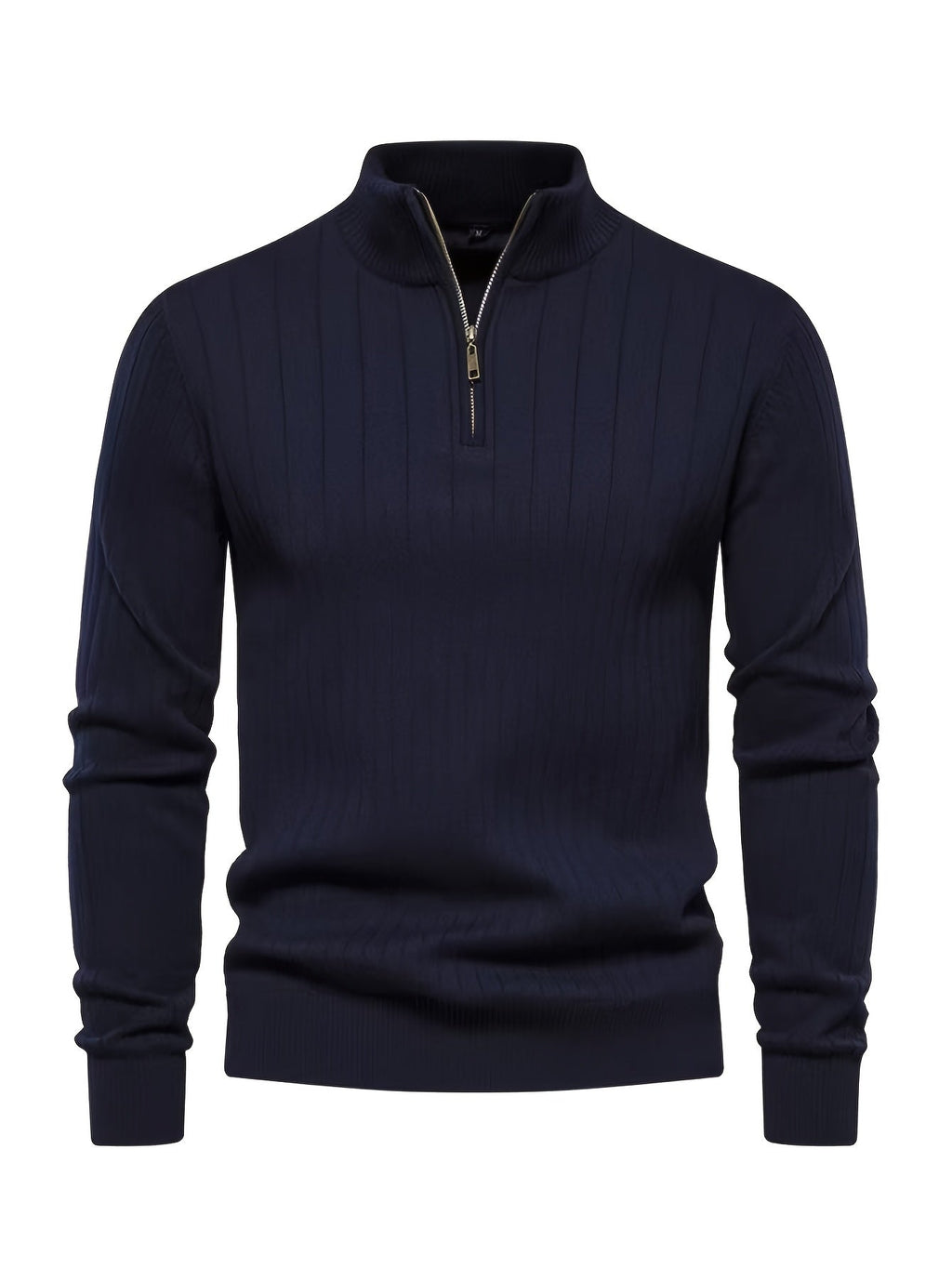 Quarter-Zip Sweater Ribbed Knit Navy Men's Stand Collar Pullover – Casual, Office, Everyday