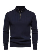 Quarter-Zip Sweater Ribbed Knit Navy Men's Stand Collar Pullover – Casual, Office, Everyday