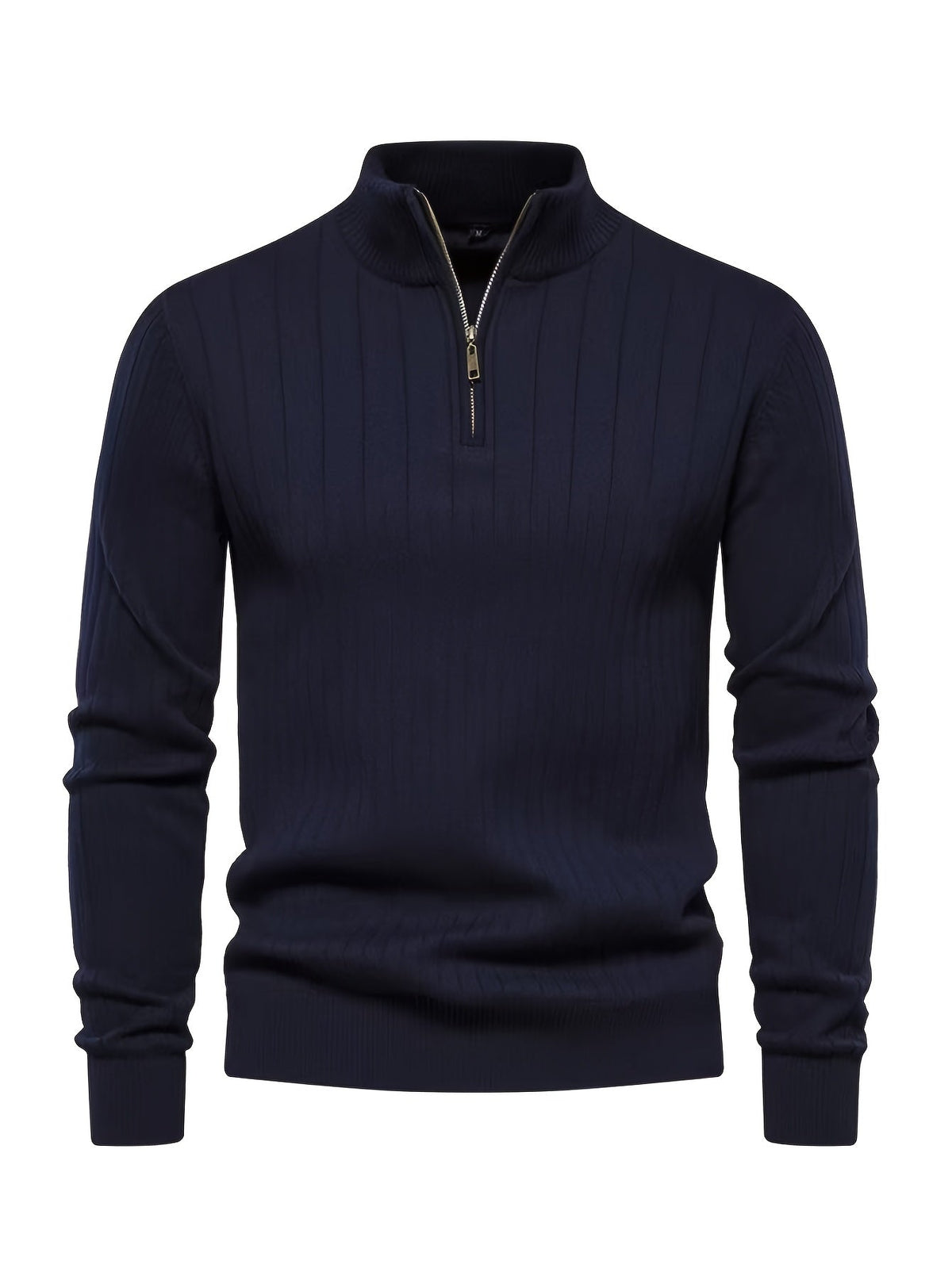 Quarter-Zip Sweater Ribbed Knit Navy Men's Stand Collar Pullover – Casual, Office, Everyday