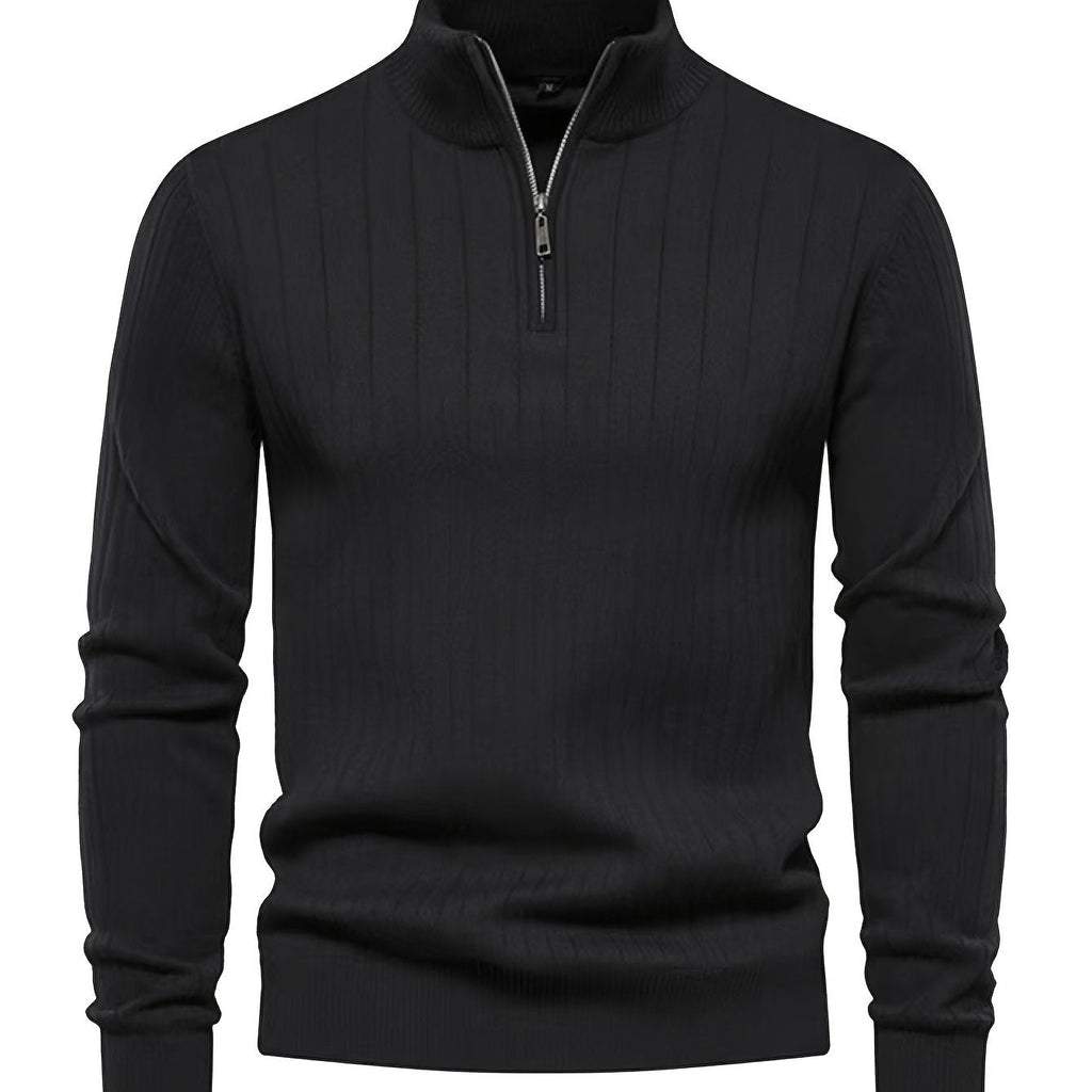 Quarter-Zip Sweater Ribbed Knit Navy Men's Stand Collar Pullover – Casual, Office, Everyday