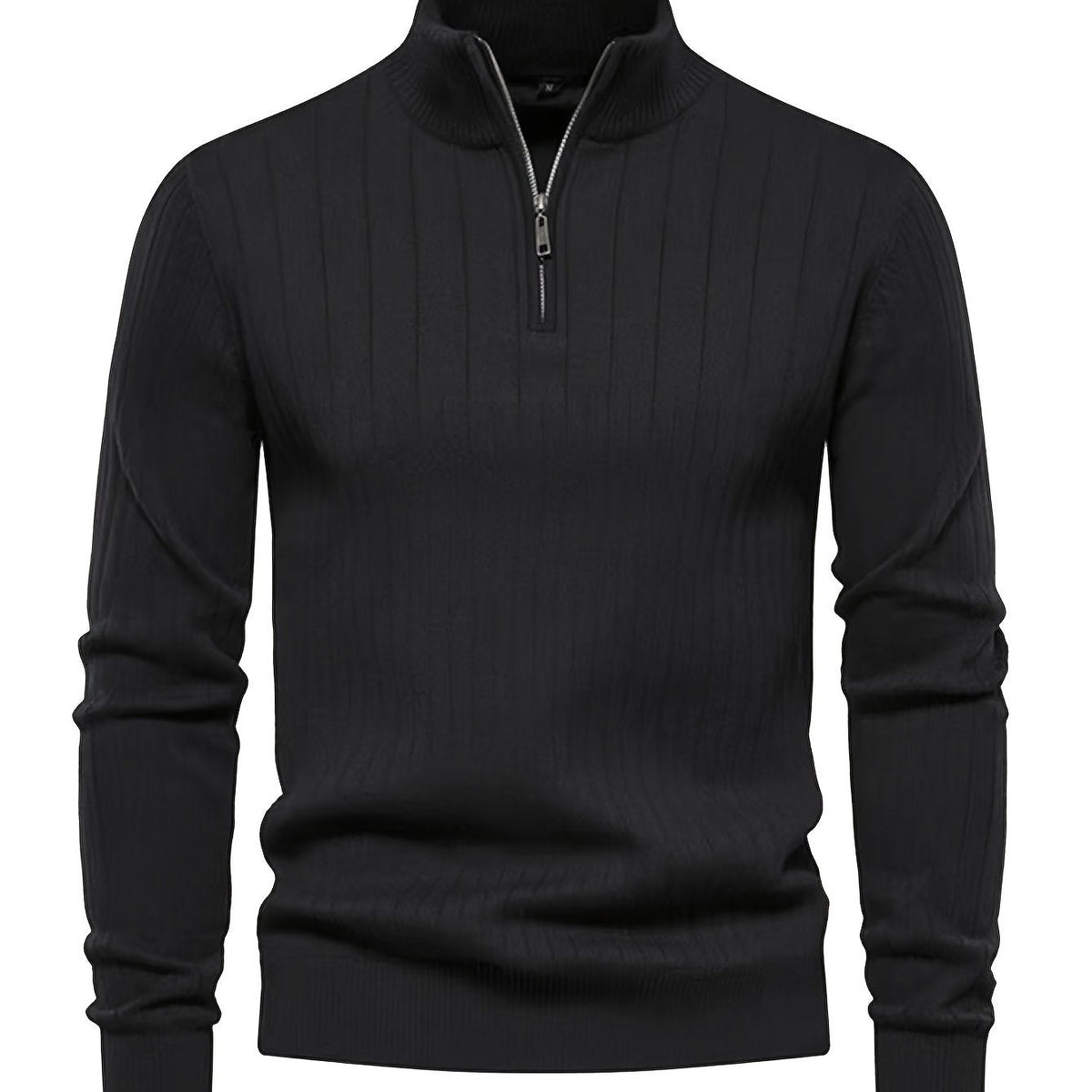 Quarter-Zip Sweater Ribbed Knit Navy Men's Stand Collar Pullover – Casual, Office, Everyday
