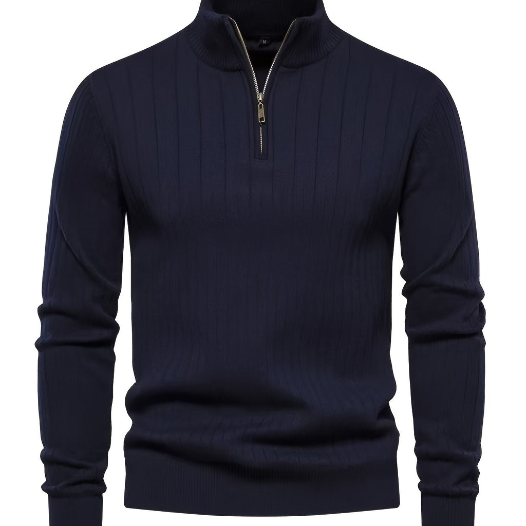 Quarter-Zip Sweater Ribbed Knit Navy Men's Stand Collar Pullover – Casual, Office, Everyday