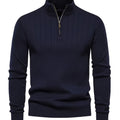 Quarter-Zip Sweater Ribbed Knit Navy Men's Stand Collar Pullover – Casual, Office, Everyday