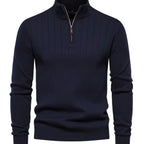 Quarter-Zip Sweater Ribbed Knit Navy Men's Stand Collar Pullover – Casual, Office, Everyday