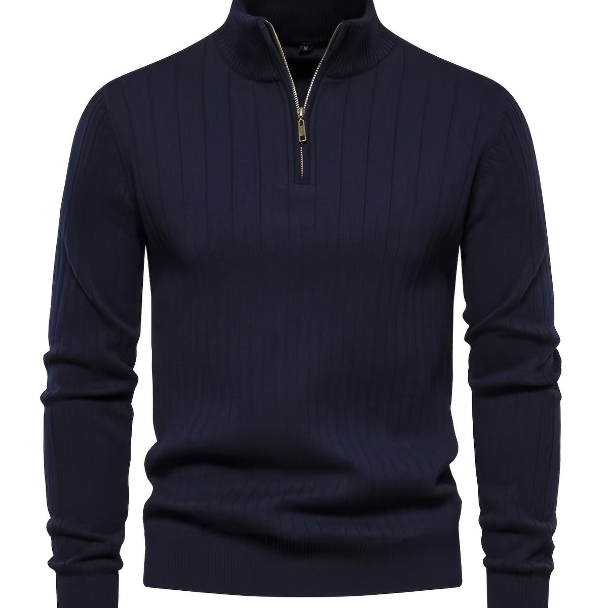 Quarter-Zip Sweater Ribbed Knit Navy Men's Stand Collar Pullover – Casual, Office, Everyday