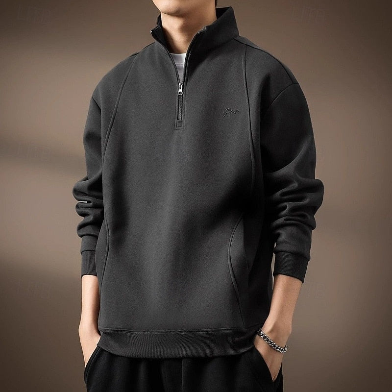 Quarter-Zip Sweatshirt Black Stand Collar Men's Pullover – Casual, Office, Holiday, Gift