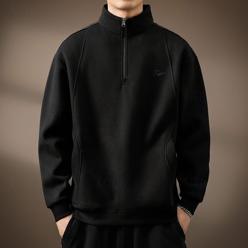 Quarter-Zip Sweatshirt Black Stand Collar Men's Pullover – Casual, Office, Holiday, Gift