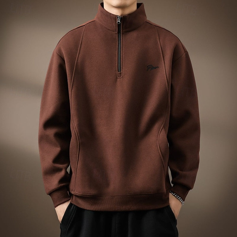 Quarter-Zip Sweatshirt Black Stand Collar Men's Pullover – Casual, Office, Holiday, Gift