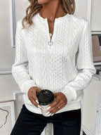 Quarter-Zip Sweatshirt Cable-Knit Texture White Women's Long Sleeve Pullover – Casual, Office