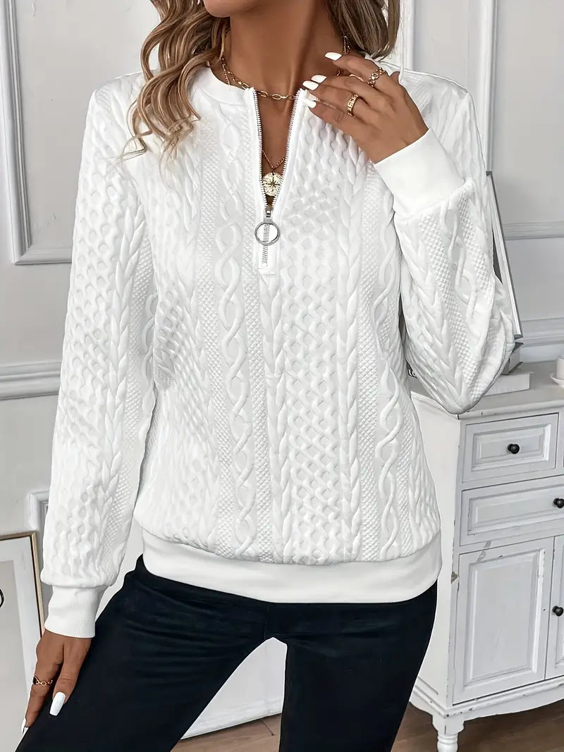 Quarter-Zip Sweatshirt Cable-Knit Texture White Women's Long Sleeve Pullover – Casual, Office