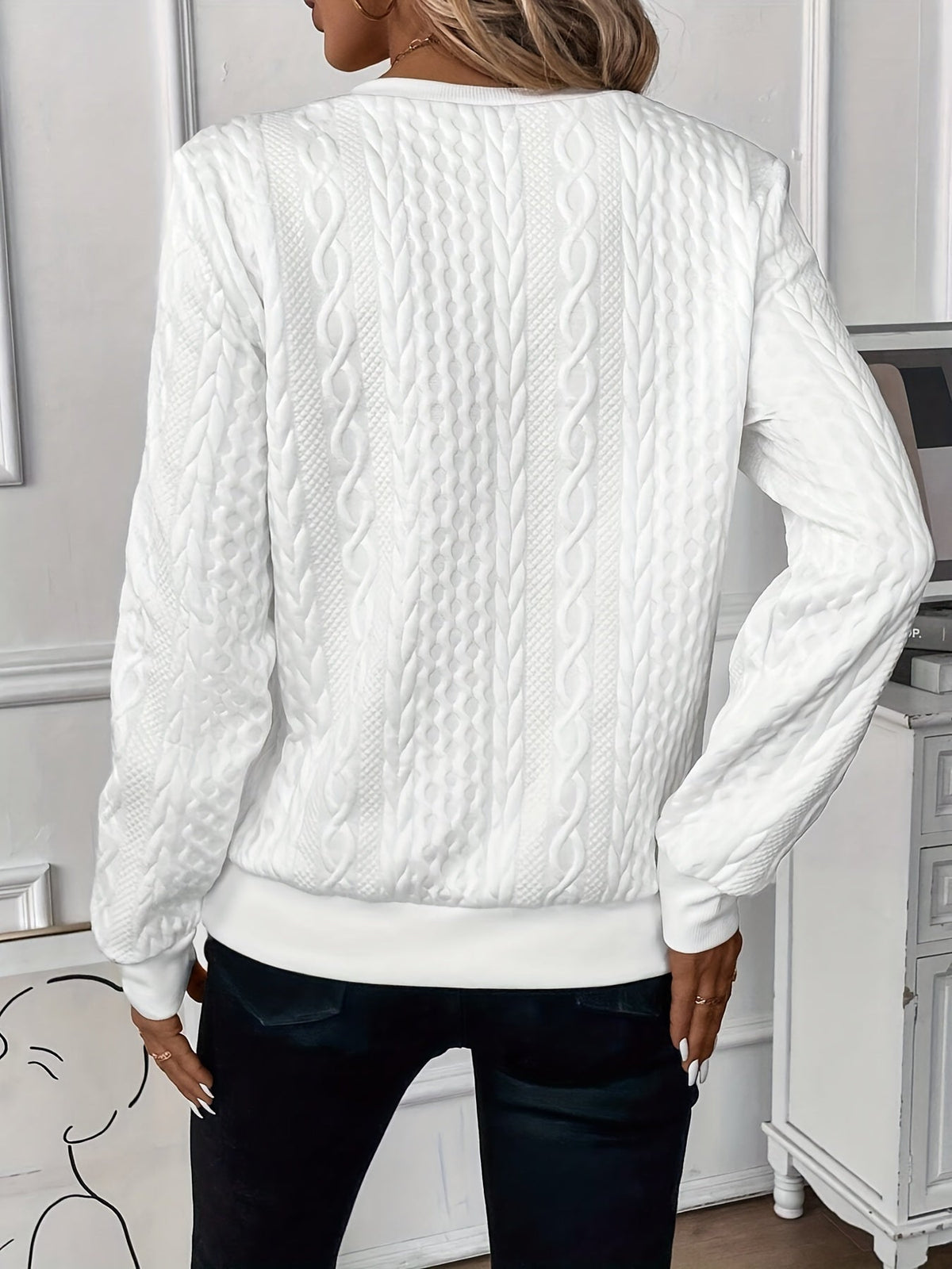 Quarter-Zip Sweatshirt Cable-Knit Texture White Women's Long Sleeve Pullover – Casual, Office