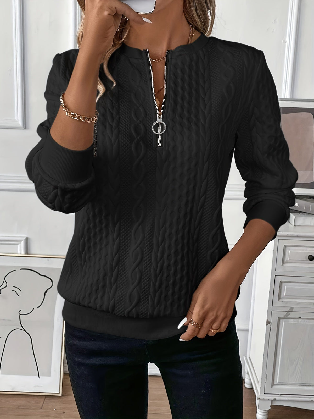 Quarter-Zip Sweatshirt Cable-Knit Texture White Women's Long Sleeve Pullover – Casual, Office