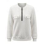 Quarter-Zip Sweatshirt Cable-Textured White Women's Long Sleeve Top – Casual, Office