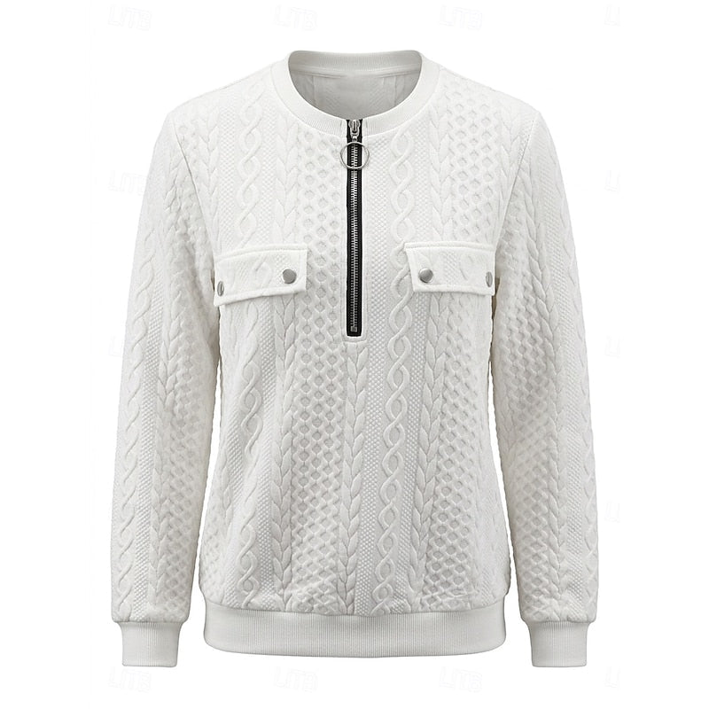 Quarter-Zip Sweatshirt Cable-Textured White Women's Long Sleeve Top – Casual, Office