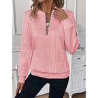 Quarter-Zip Sweatshirt Cable-Textured White Women's Long Sleeve Top – Casual, Office