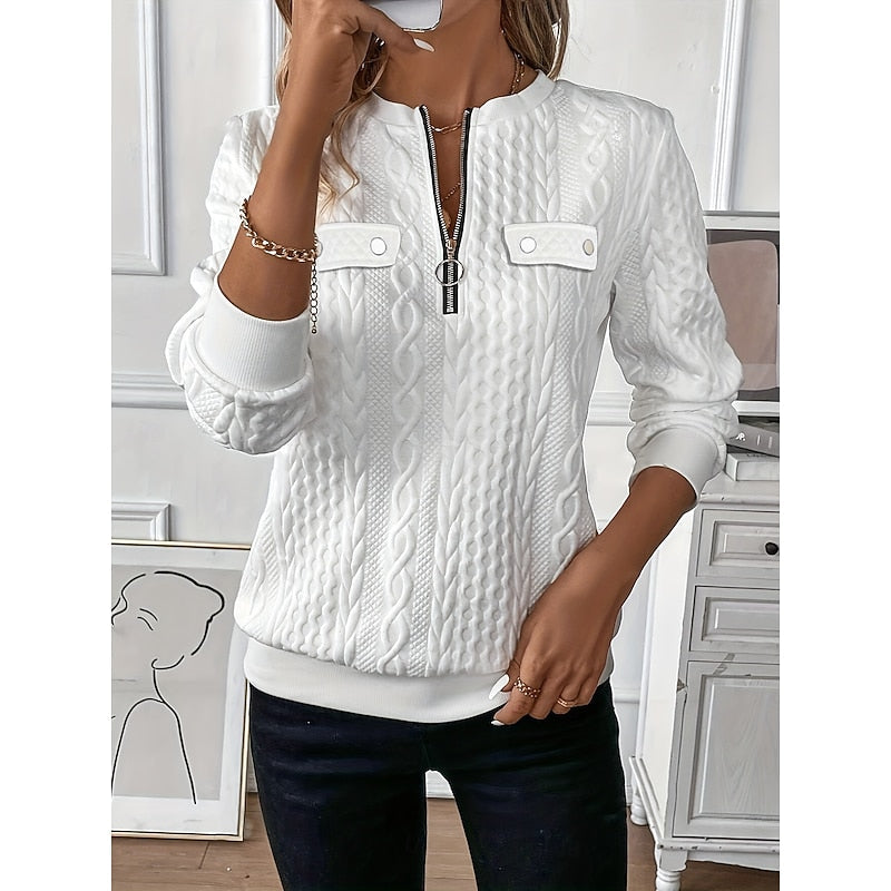 Quarter-Zip Sweatshirt Cable-Textured White Women's Long Sleeve Top – Casual, Office