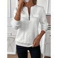 Quarter-Zip Sweatshirt Cable-Textured White Women's Long Sleeve Top – Casual, Office