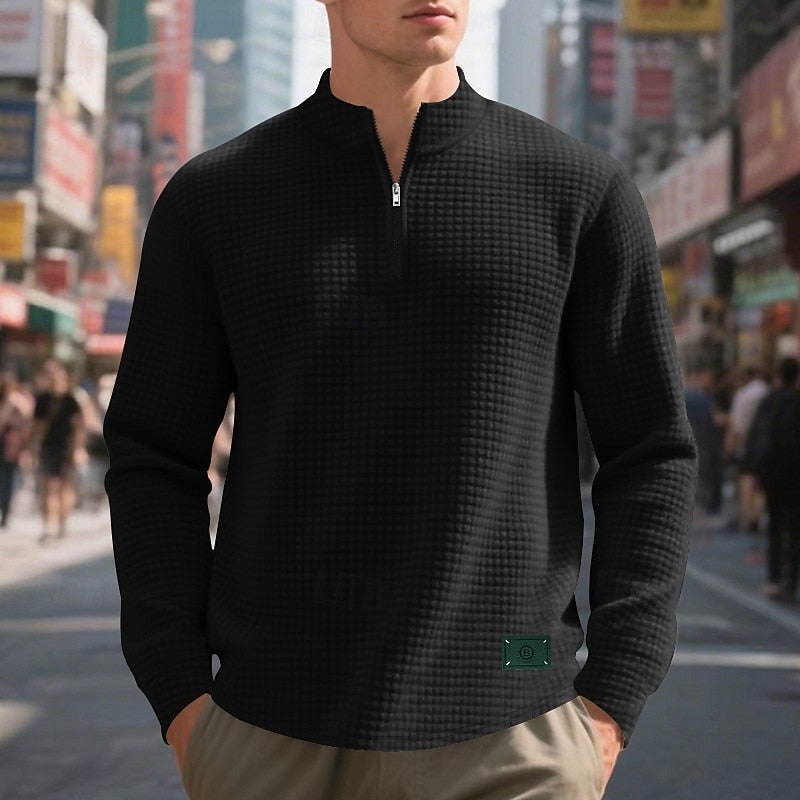 Quarter-Zip Sweatshirt Waffle-Knit Grey Stand Collar Men's – Casual, Office, Holiday, Gift
